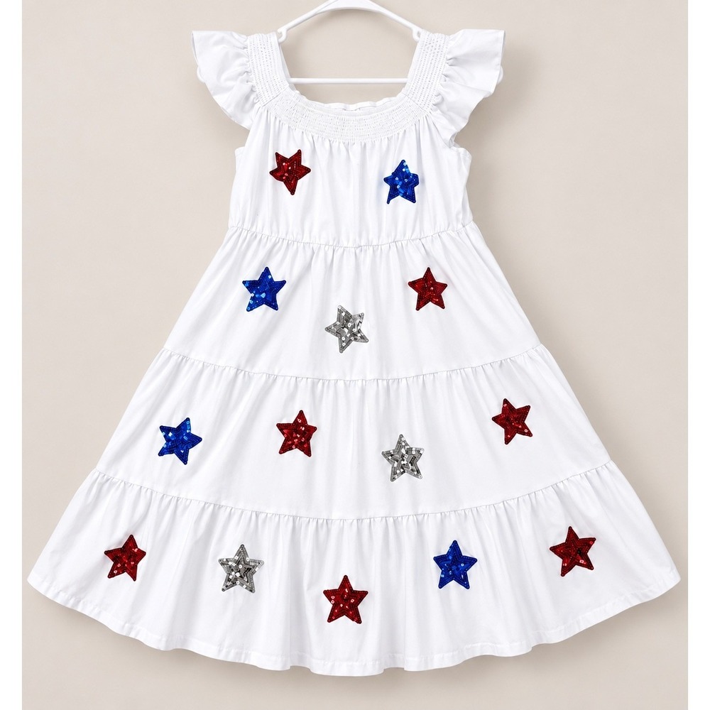 Sparkle in Pink Girls White Sequin Star Tiered Dress Patriotic 6XL (14-16)